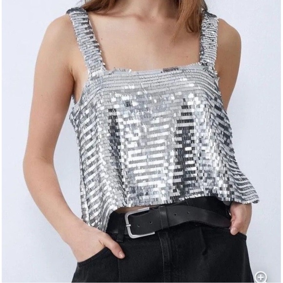 Zara Silver Sequin Crop Top - Picture 2 of 6